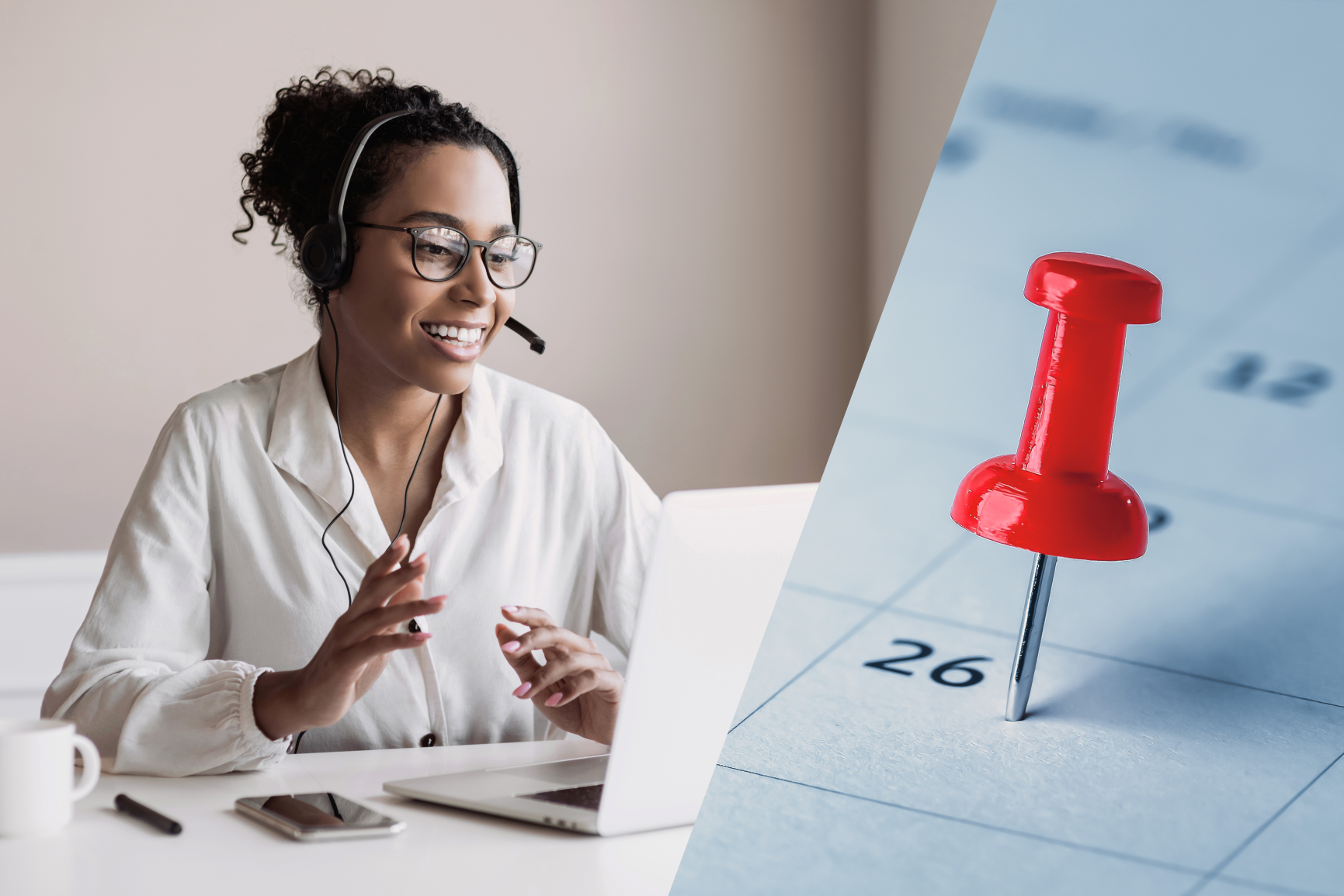 calendar with thumbtack and women on the phone